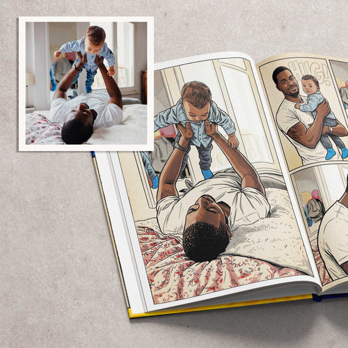 Before and after: a photograph of a dad alongside the same moment redrawn as comic-book art.