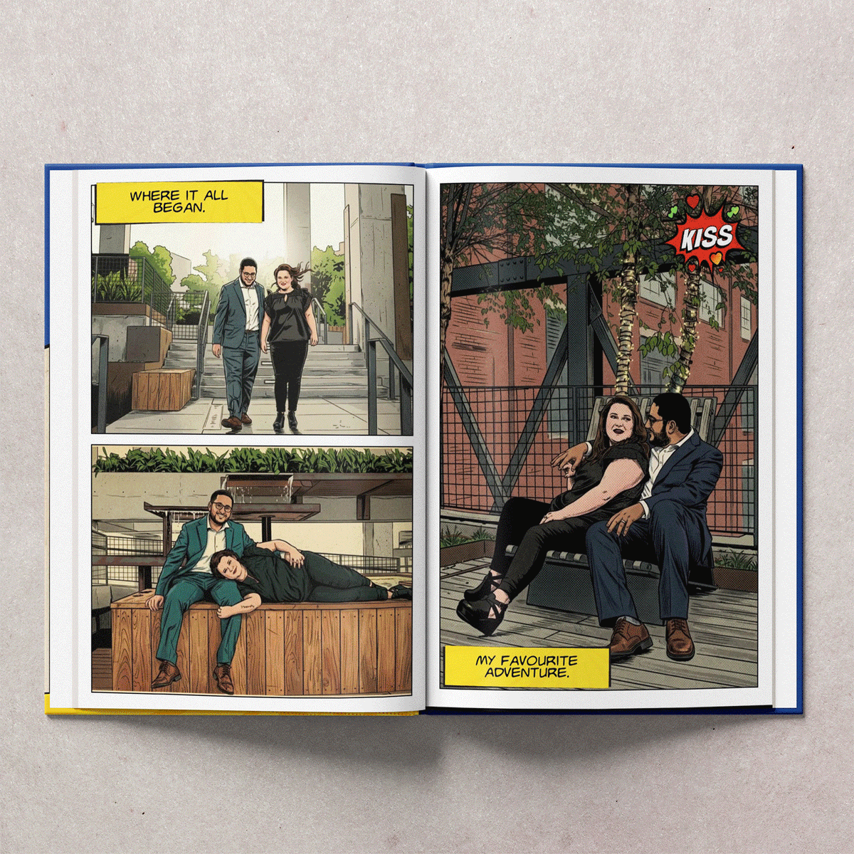 Inside the comic - real spreads with your photos, captions and stickers