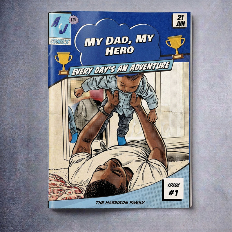 Cover of a personalised Father's Day comic book.