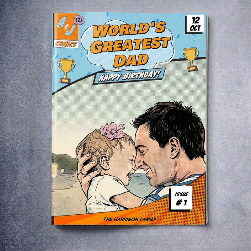 Cover of a personalised first Father's Day comic book.