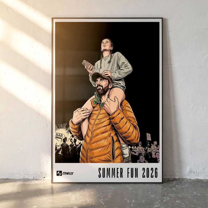 A personalised comic poster in A3, shown hanging in a room.