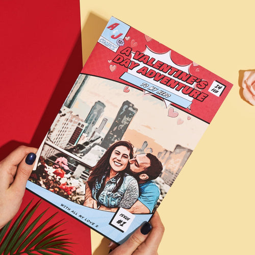 A personalised comic book made for Valentine's Day, printed and photographed on a plain background.