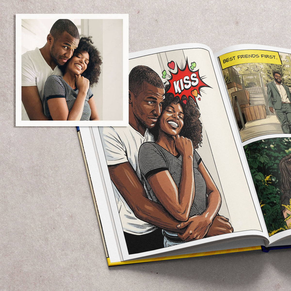 Before and after: an ordinary photograph alongside the same moment redrawn as comic-book art.