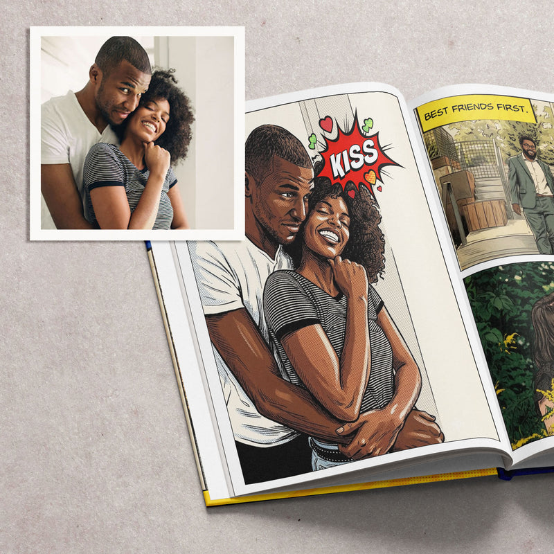 Before and after: an ordinary photograph alongside the same moment redrawn as comic-book art.