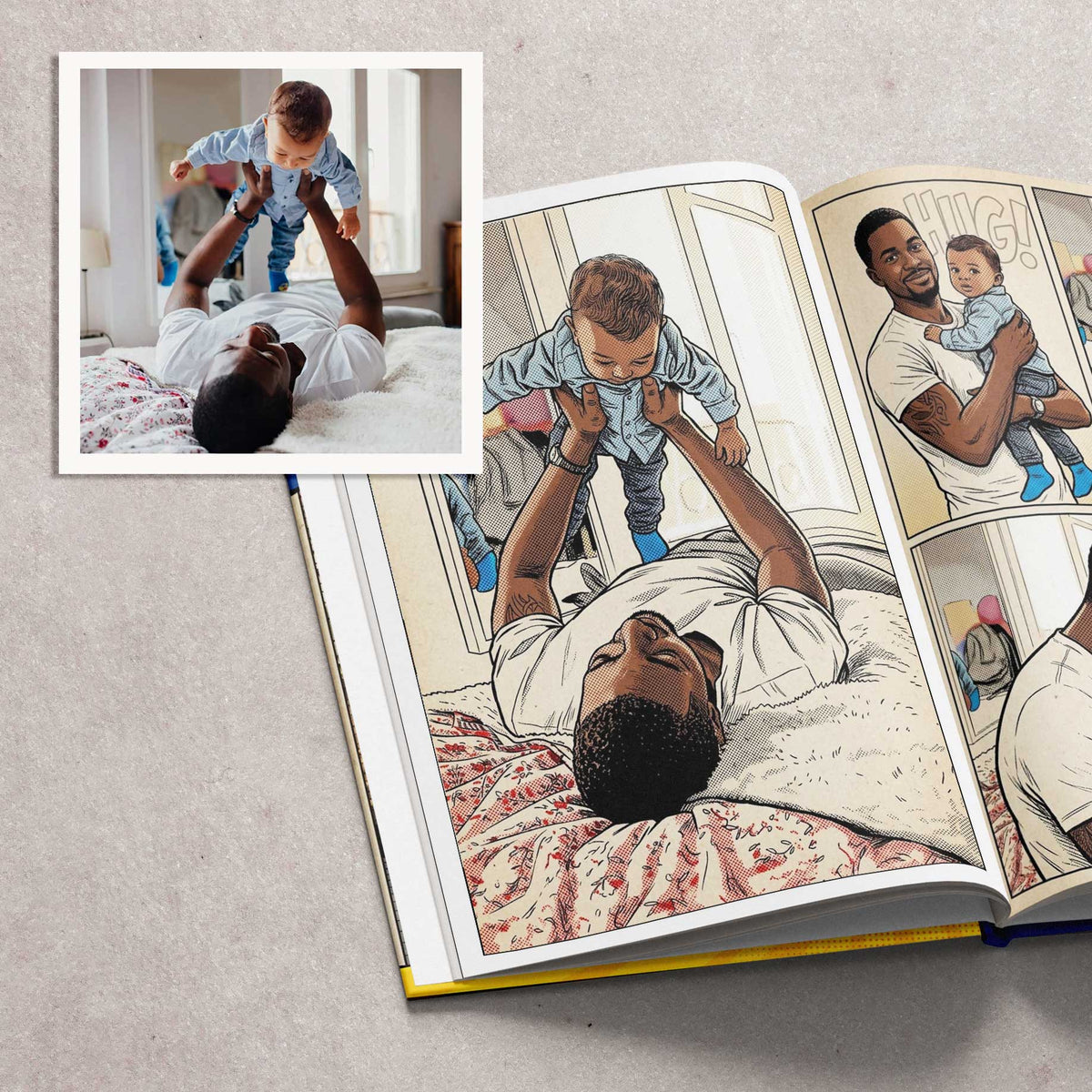 Before and after: an ordinary photograph alongside the same moment redrawn as comic-book art.