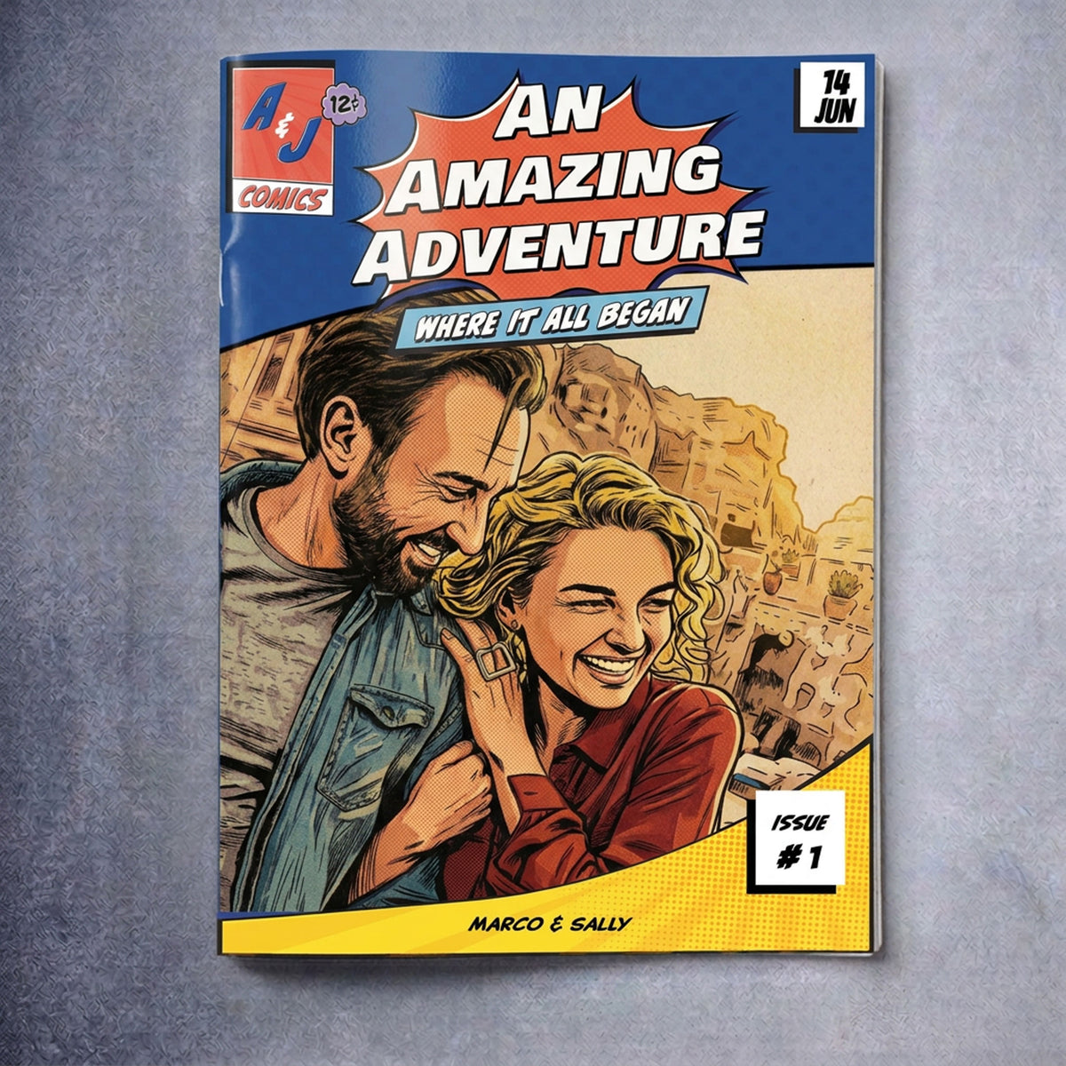 Cover of a personalised anniversary comic for him, drawn in the Golden Age art style.