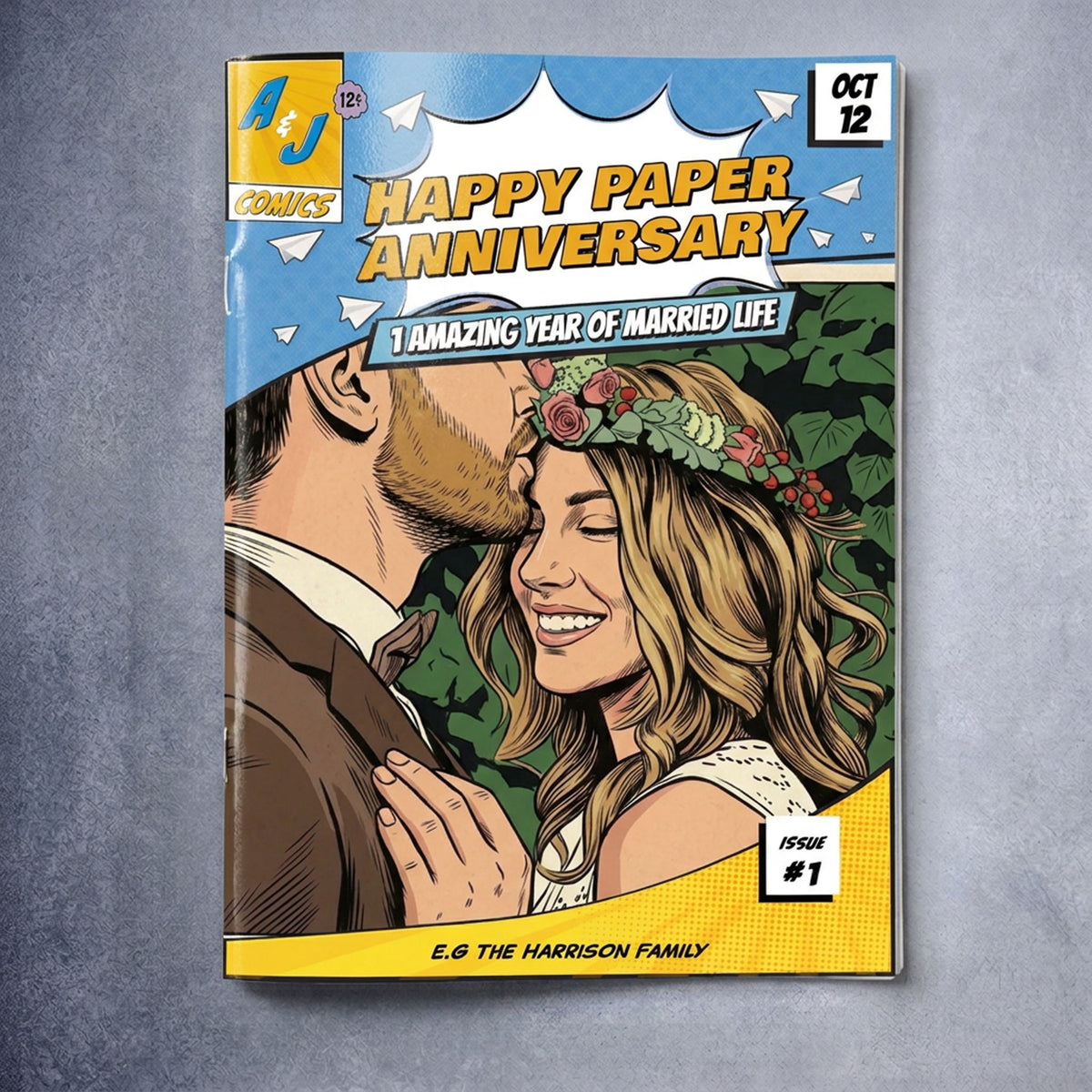 Cover of a personalised paper anniversary comic book.