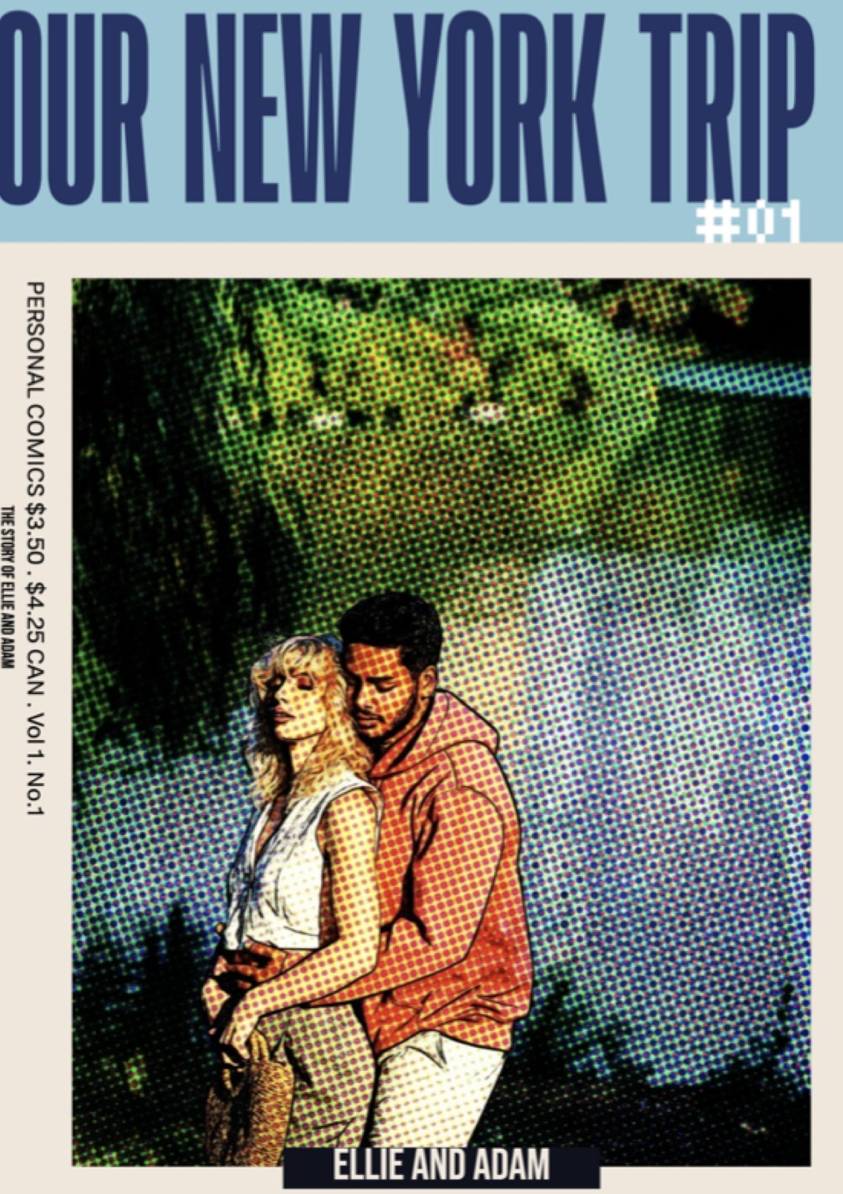 A personalised comic book cover reading 'Our New York Trip', with a halftone-styled photo of a couple in Central Park and their names on a navy nameplate.