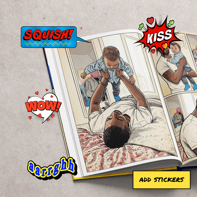 Dad-themed comic-book sticker artwork, one of the stickers you can add to a page.
